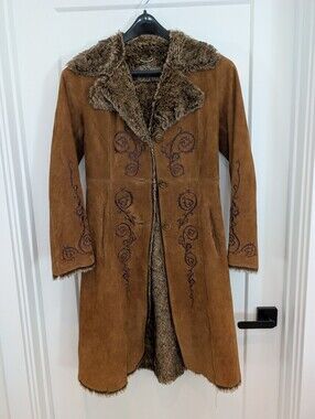 Vintage GUESS Leather Suede Embroidered Faux Fur Coat XS
